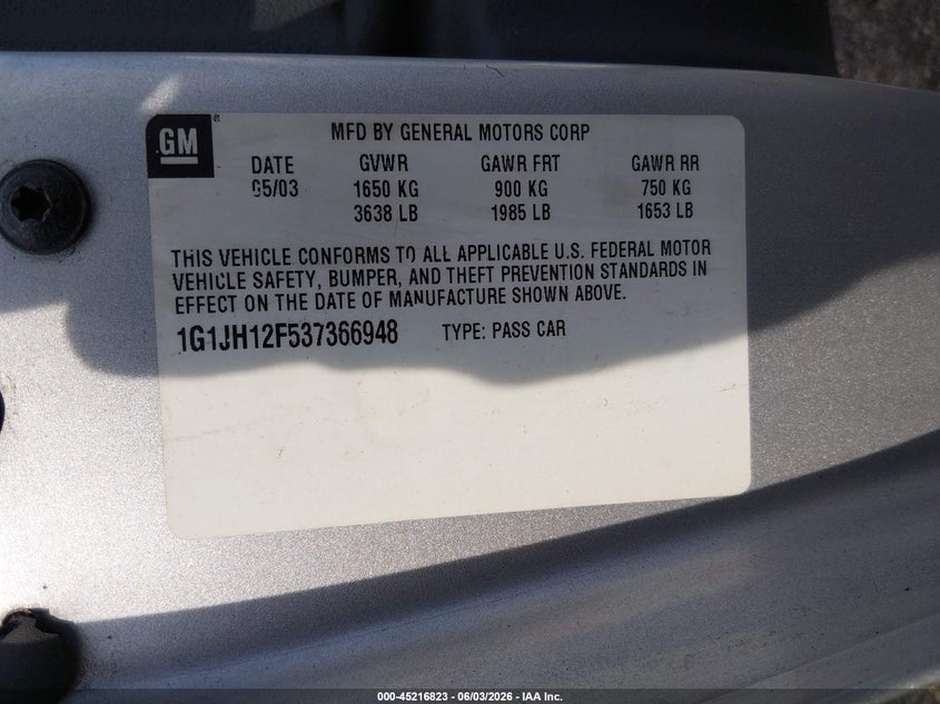 2003 Chevrolet Cavalier Ls Sport VIN: 1G1JH12F537366948 Lot: 45216823