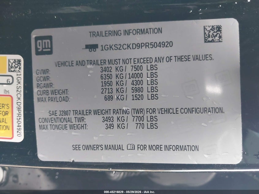 2023 GMC Yukon 4Wd At4 VIN: 1GKS2CKD9PR504920 Lot: 45216829