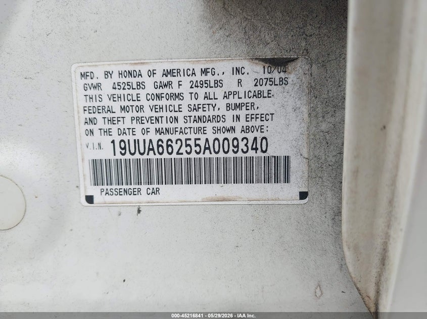 2005 Acura Tl VIN: 19UUA66255A009340 Lot: 45216841