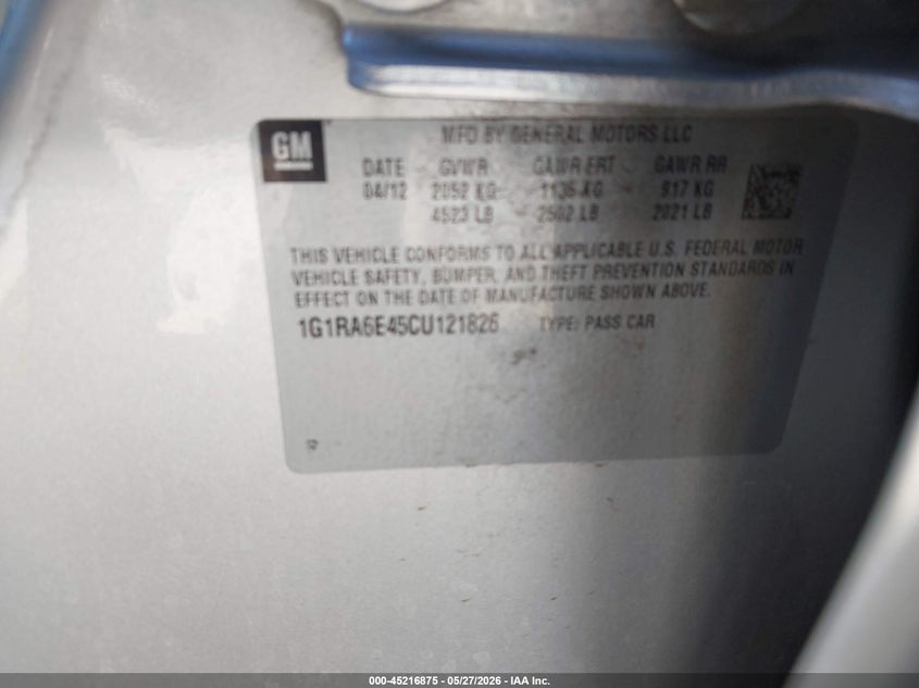 2012 Chevrolet Volt VIN: 1G1RA6E45CU121826 Lot: 45216875