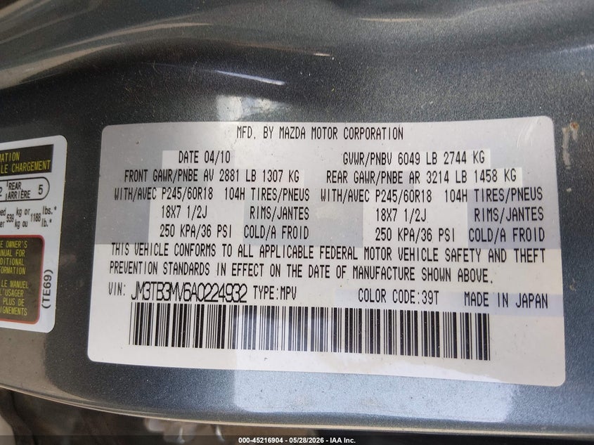 2010 Mazda Cx-9 Sport VIN: JM3TB3MV6A0224932 Lot: 45216904