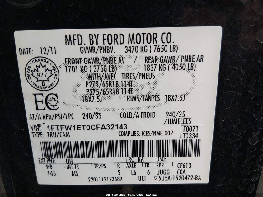 2012 Ford F-150 3.5 Xlt black Lot 111045216930 Vin 1FTFW1ET0CFA32143