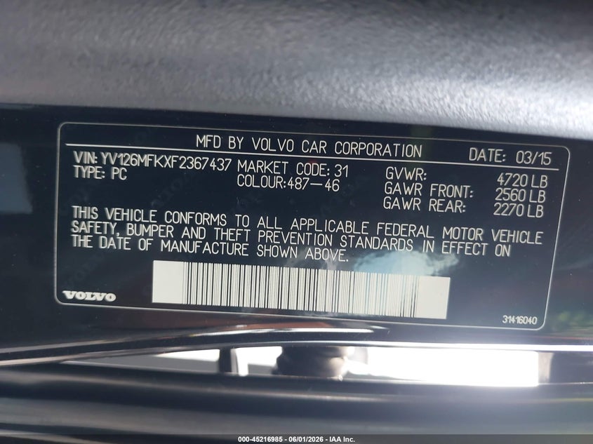 2015 Volvo S60 T5 Premier VIN: YV126MFKXF2367437 Lot: 45216985