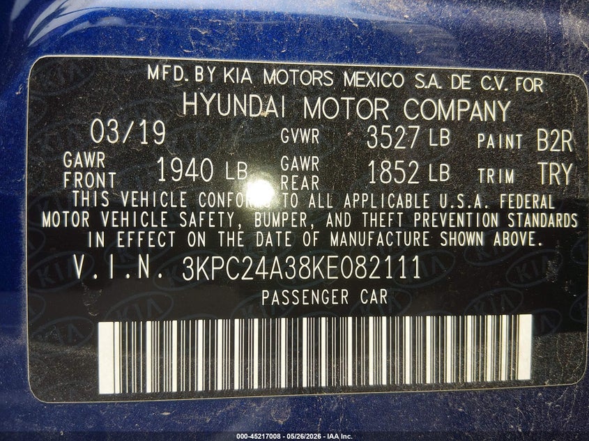 2019 HYUNDAI ACCENT SEDAN 1.6L I-4 DI, DOHC, VVT, 130HP
