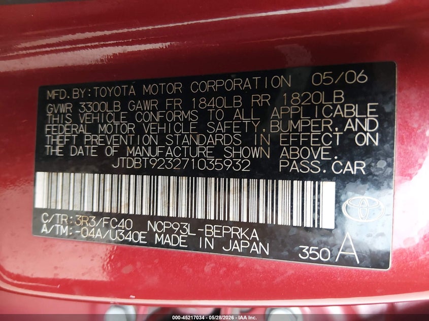 2007 Toyota Yaris S VIN: JTDBT923271035932 Lot: 45217034