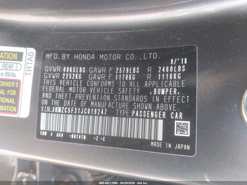 2018 Honda Clarity Plug-In Hybrid Touring VIN: JHMZC5F31JC019247 Lot: 45217099