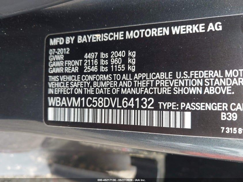 2013 BMW X1 Sdrive28I VIN: WBAVM1C58DVL64132 Lot: 45217136