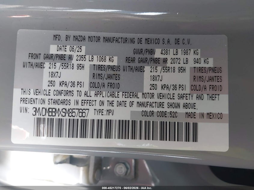 2025 Mazda Cx-30 2.5 S Select Sport VIN: 3MVDMBBMXSM857667 Lot: 45217270