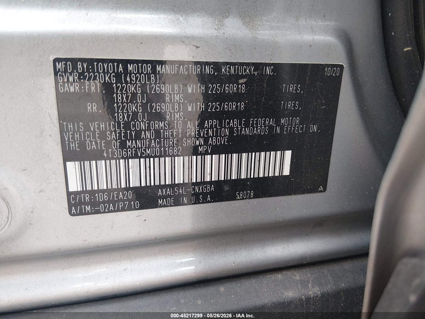 VIN 4T3D6RFV5MU011682 2021 TOYOTA RAV4 HYBRID LIMITED
