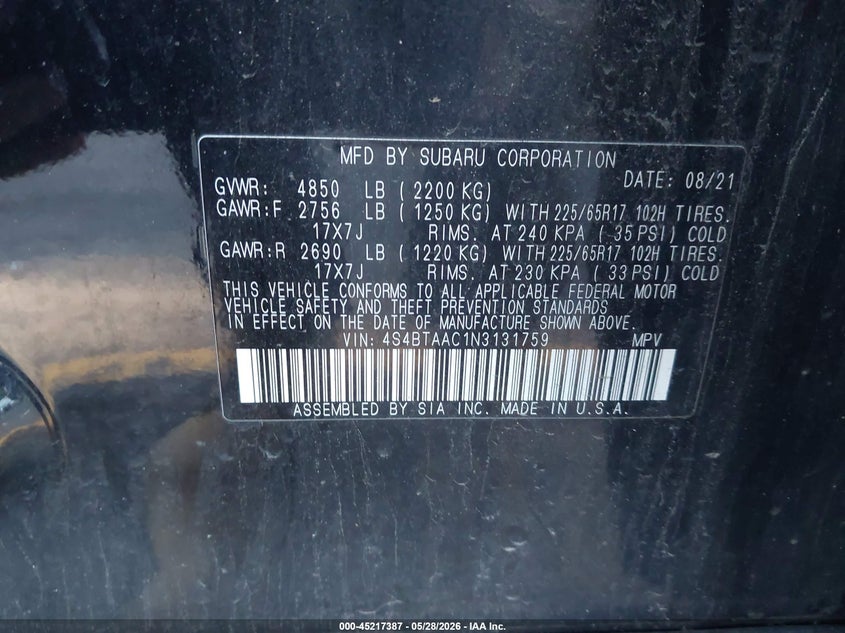 2022 Subaru Outback VIN: 4S4BTAAC1N3131759 Lot: 45217387