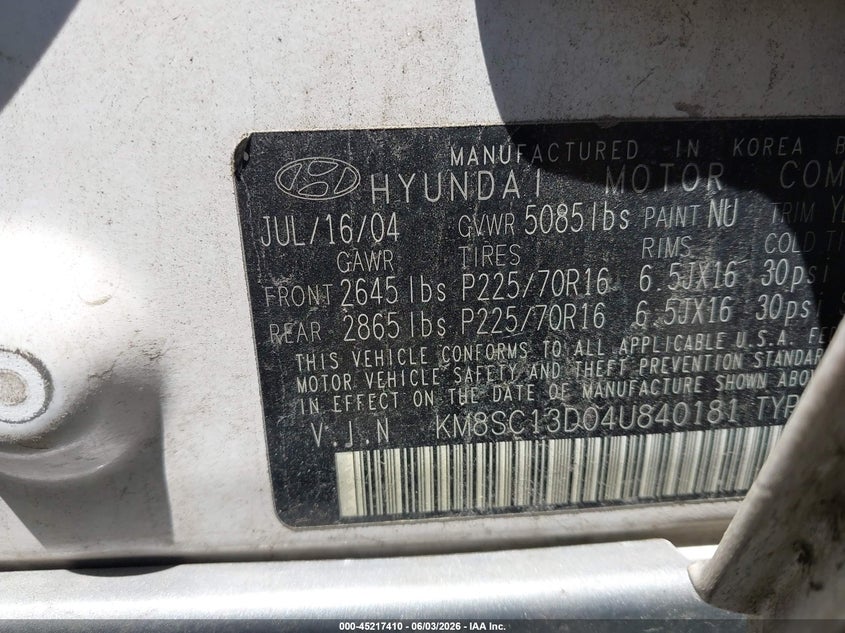 2004 Hyundai Santa Fe Gls VIN: KM8SC13D04U840181 Lot: 45217410