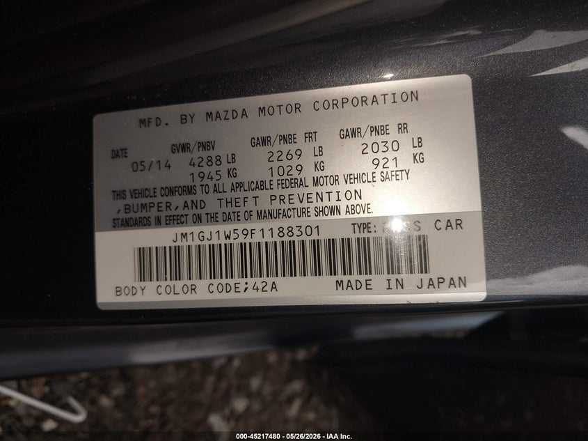 2015 Mazda Mazda6 VIN: JM1GJ1W59F1188301 Lot: 45217480