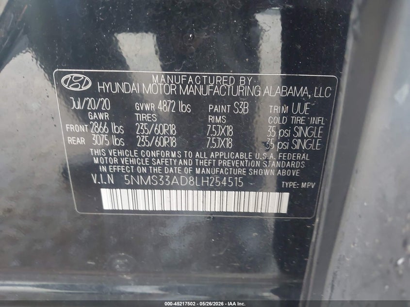 2020 Hyundai Santa Fe Sel VIN: 5NMS33AD8LH254515 Lot: 45217502