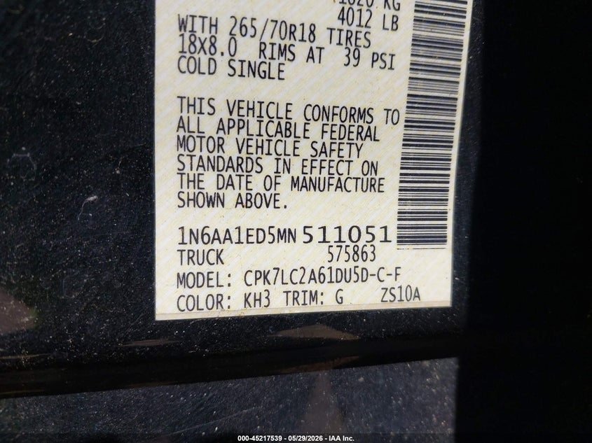 2021 Nissan Titan Sv 4X4 VIN: 1N6AA1ED5MN511051 Lot: 45217539
