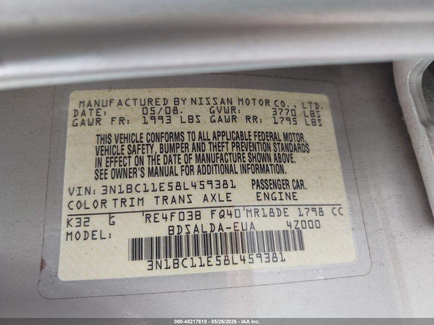 2008 NISSAN VERSA SEDAN 1.8L I-4 DOHC, VVT, 122HP