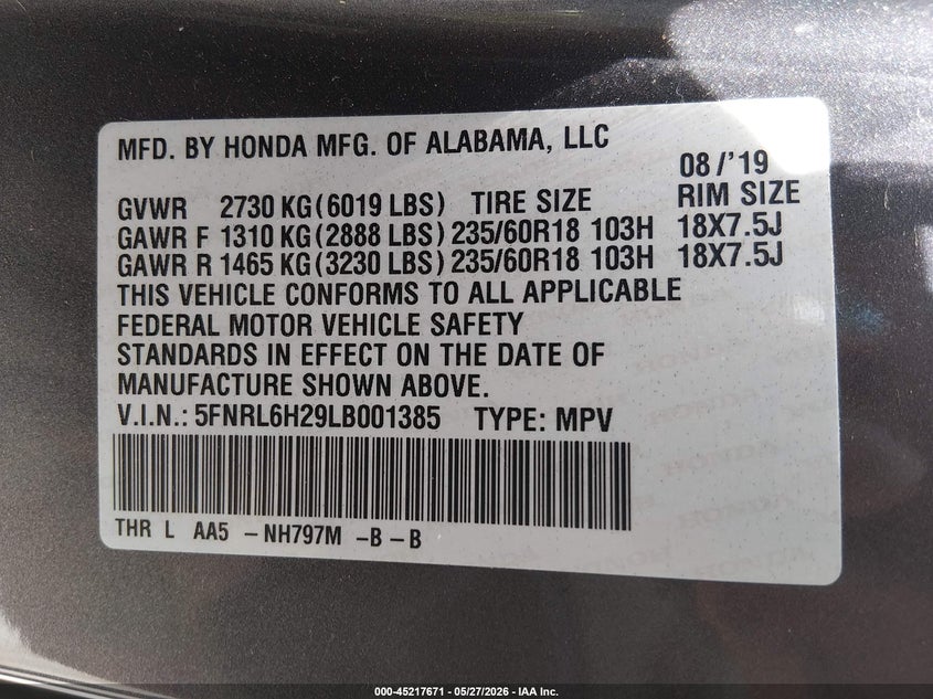 2020 Honda Odyssey Lx VIN: 5FNRL6H29LB001385 Lot: 45217671