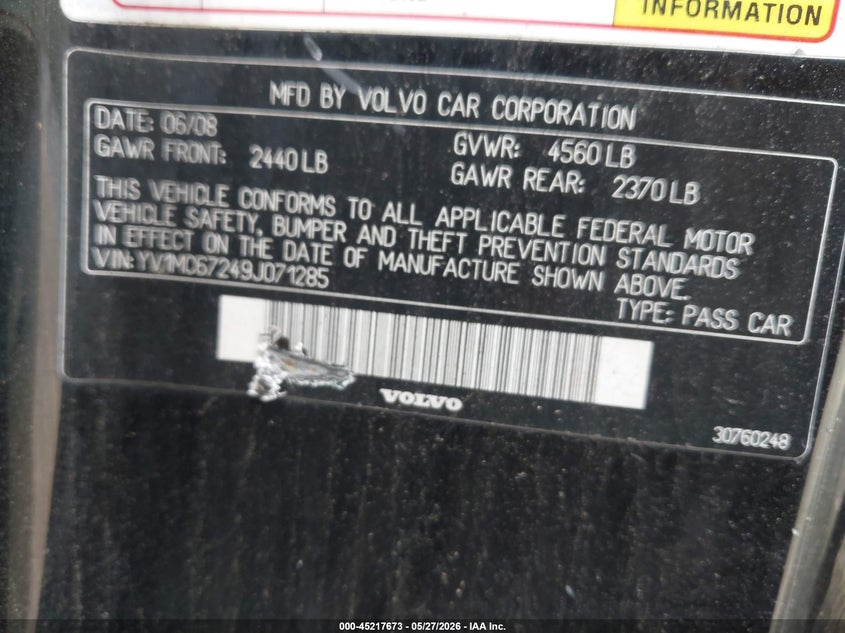 2009 Volvo C70 T5 VIN: YV1MC67249J071285 Lot: 45217673
