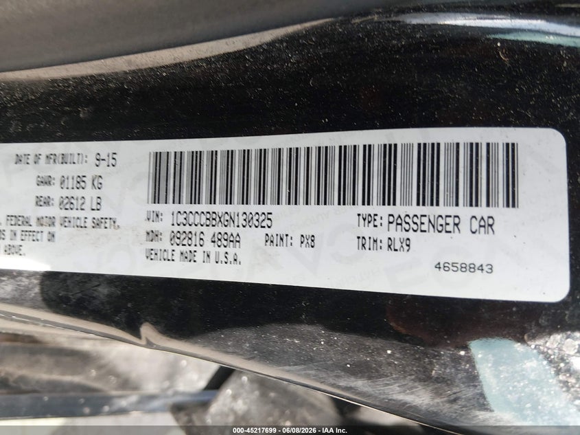 2016 Chrysler 200 S VIN: 1C3CCCBBXGN130325 Lot: 45217699