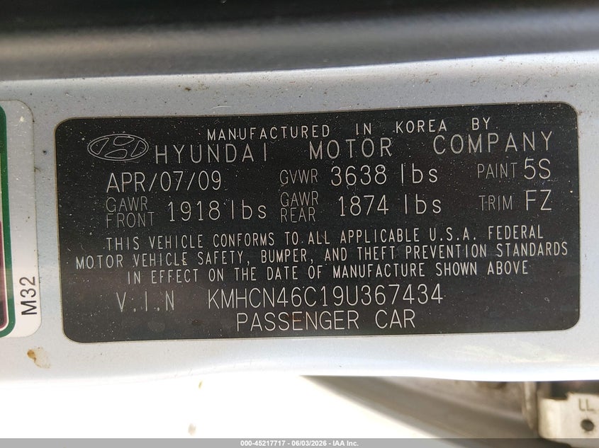 2009 Hyundai Accent Gls VIN: KMHCN46C19U367434 Lot: 45217717