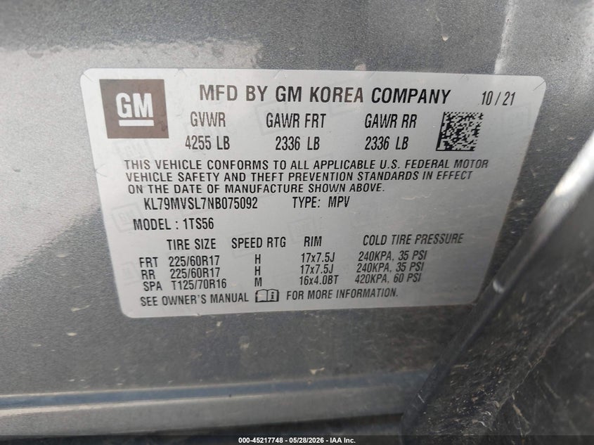 2022 Chevrolet Trailblazer Fwd Activ VIN: KL79MVSL7NB075092 Lot: 45217748