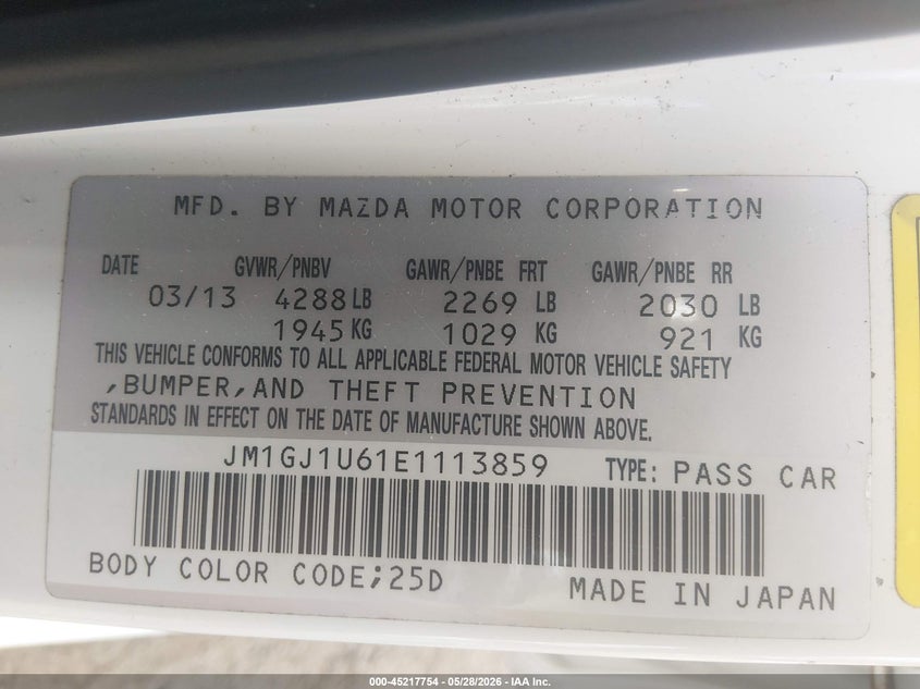 2014 Mazda Mazda6 I Sport VIN: JM1GJ1U61E1113859 Lot: 45217754