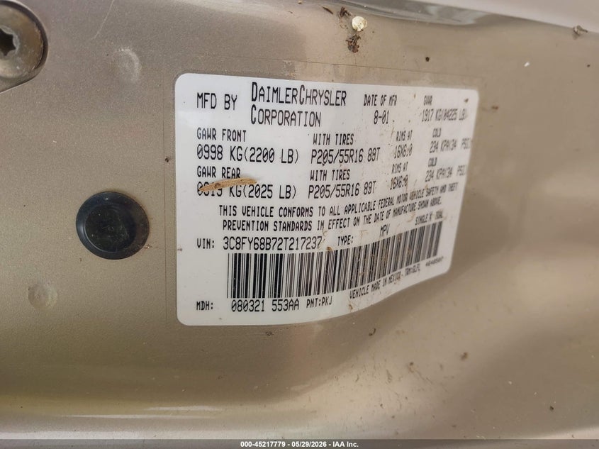 2002 Chrysler Pt Cruiser Limited VIN: 3C8FY68B72T217237 Lot: 45217779