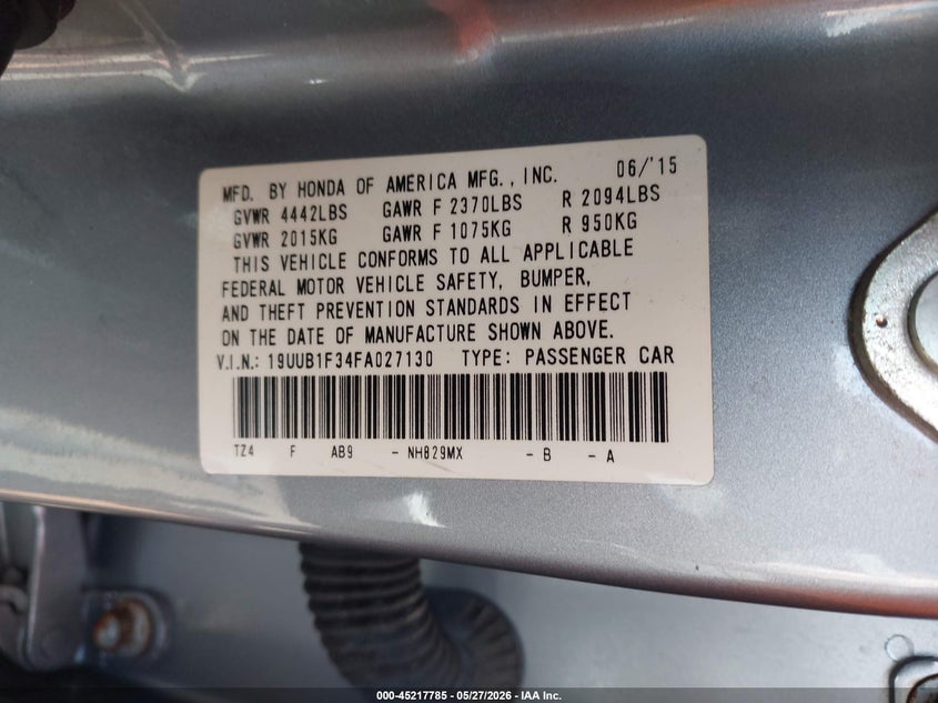 2015 Acura Tlx VIN: 19UUB1F34FA027130 Lot: 45217785