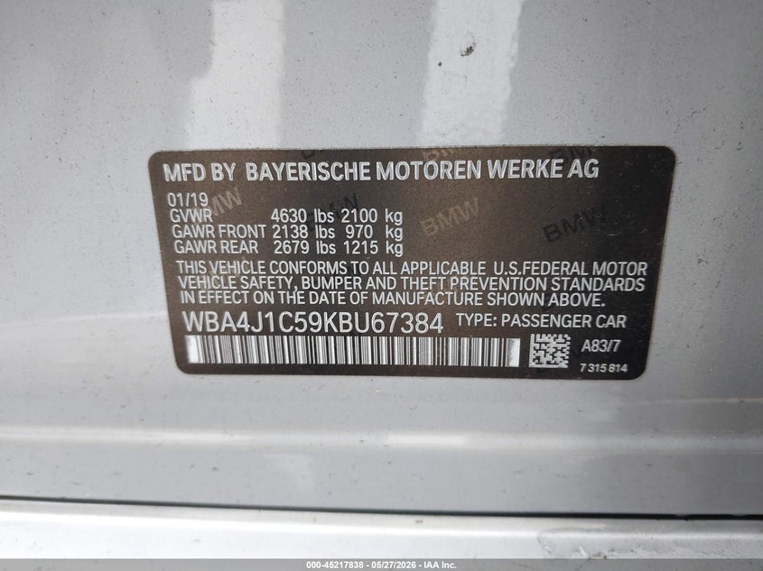 2019 BMW 430I Gran Coupe VIN: WBA4J1C59KBU67384 Lot: 45217838