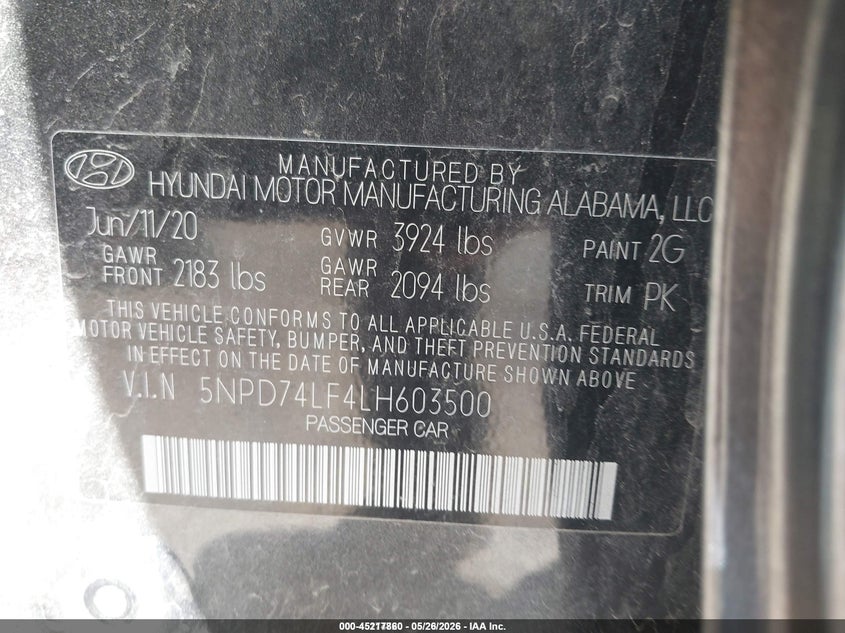 VIN 5NPD74LF4LH603500 2020 HYUNDAI ELANTRA SE