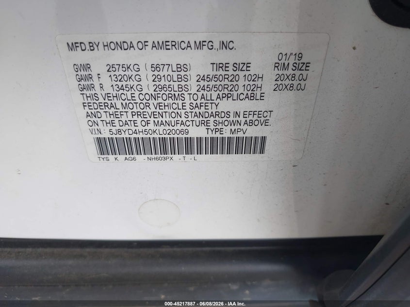 2019 Acura Mdx Tech Pkg VIN: 5J8YD4H50KL020069 Lot: 45217887