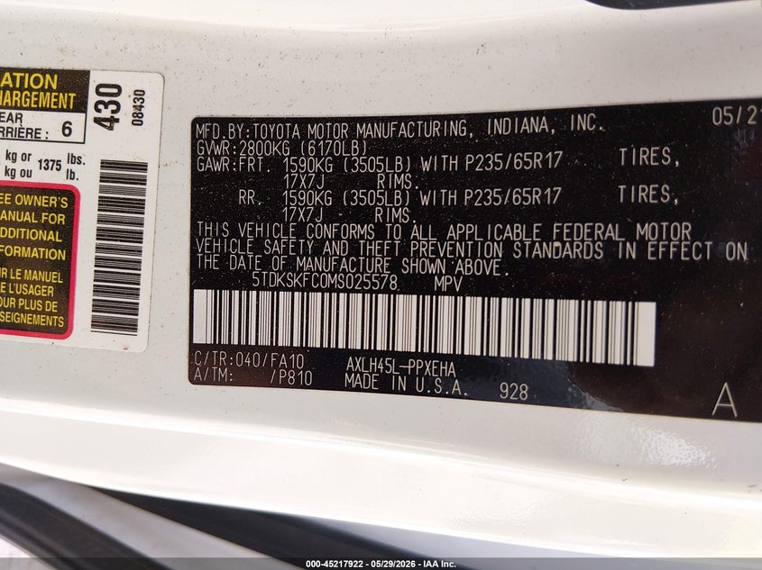2021 Toyota Sienna Le VIN: 5TDKSKFC0MS025578 Lot: 45217922