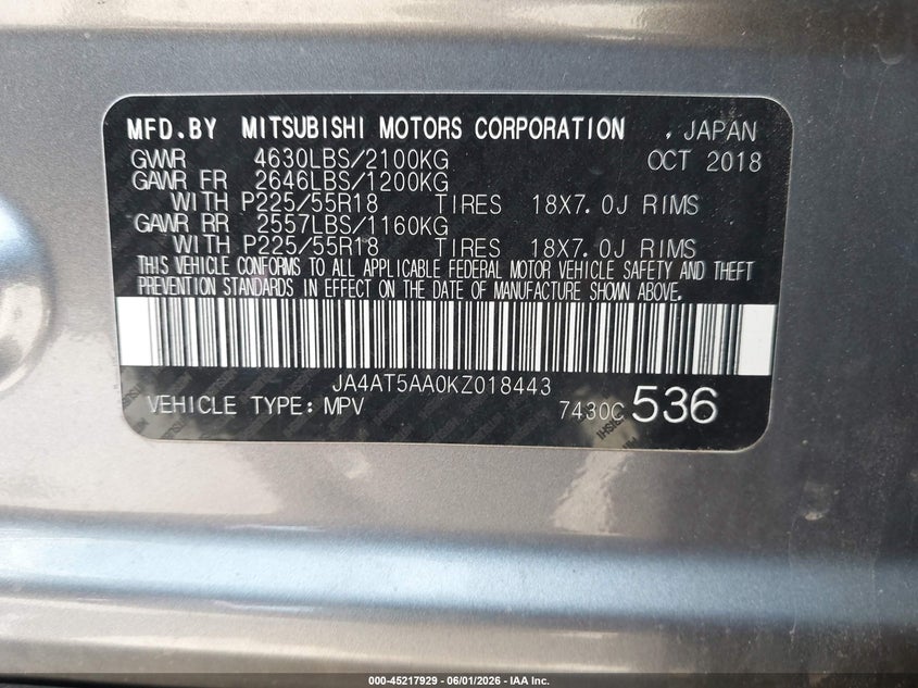 2019 Mitsubishi Eclipse Cross Sel VIN: JA4AT5AA0KZ018443 Lot: 45217929