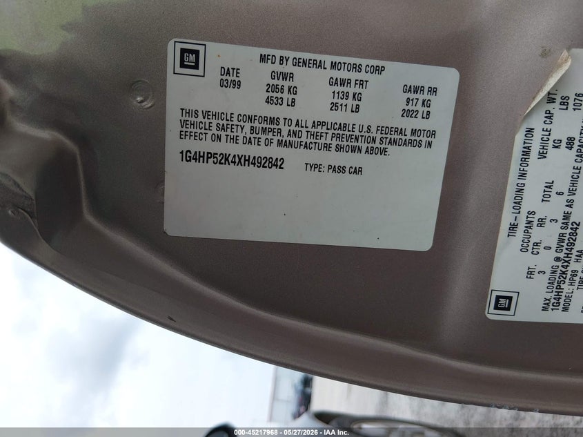 1999 Buick Lesabre Custom VIN: 1G4HP52K4XH492842 Lot: 45217968