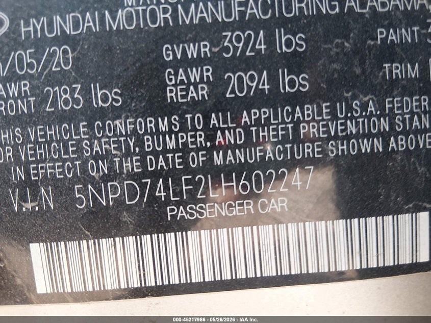 VIN 5NPD74LF2LH602247 2020 HYUNDAI ELANTRA SE