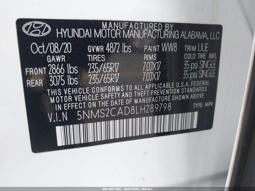 2020 Hyundai Santa Fe Se VIN: 5NMS2CAD8LH289798 Lot: 45217987
