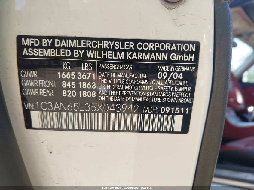2005 Chrysler Crossfire Limited VIN: 1C3AN65L35X043942 Lot: 45218059