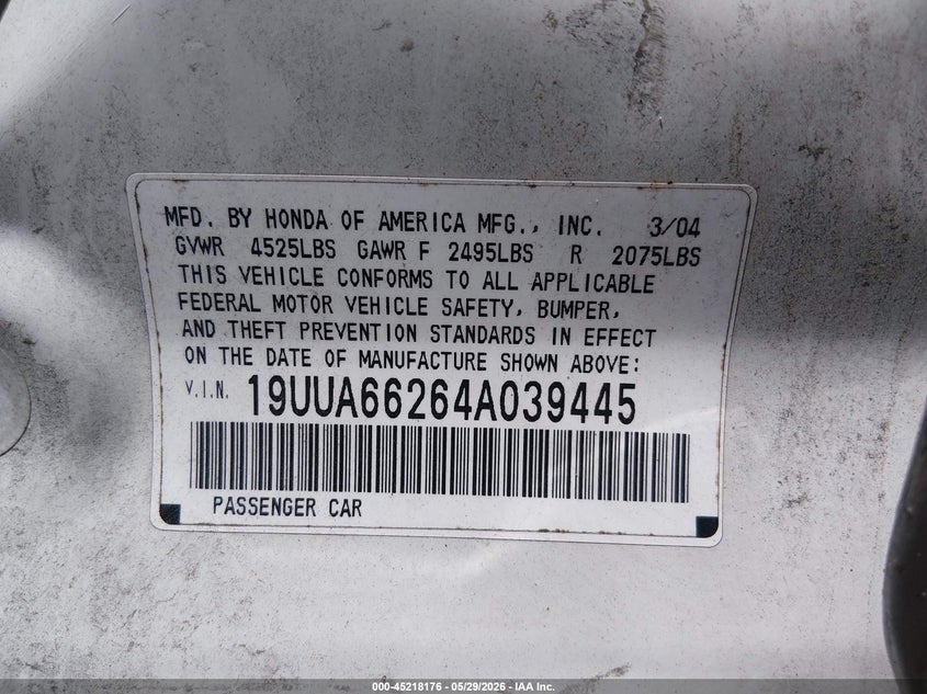 2004 Acura Tl VIN: 19UUA66264A039445 Lot: 45218176