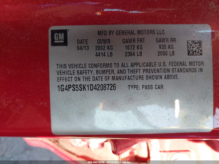 2013 Buick Verano Leather Group VIN: 1G4PS5SK1D4208726 Lot: 45218259