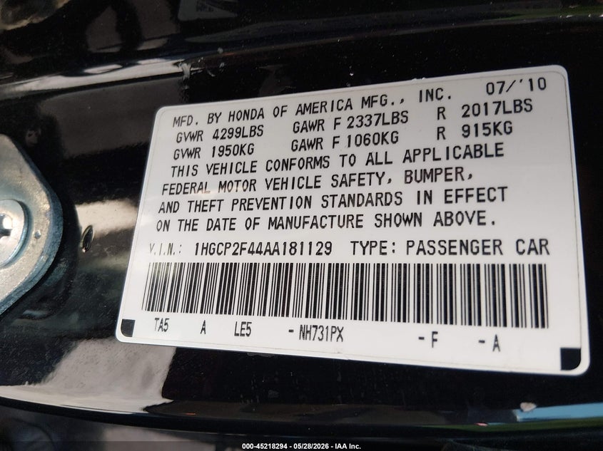 2010 Honda Accord 2.4 Lx-P VIN: 1HGCP2F44AA181129 Lot: 45218294