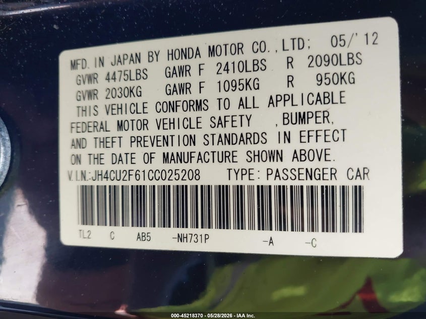 2012 Acura Tsx 2.4 black Lot 111045218370 Vin JH4CU2F61CC025208