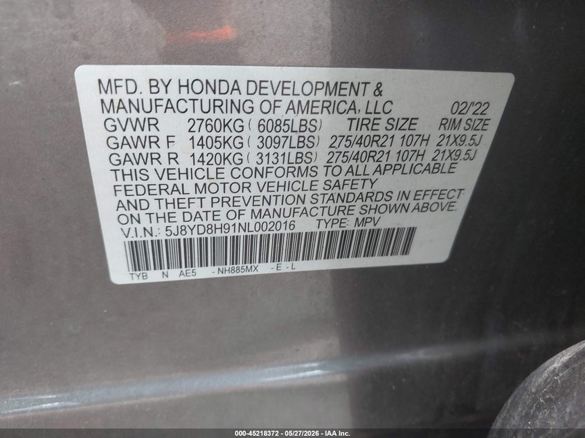2022 Acura Mdx Type S VIN: 5J8YD8H91NL002016 Lot: 45218372