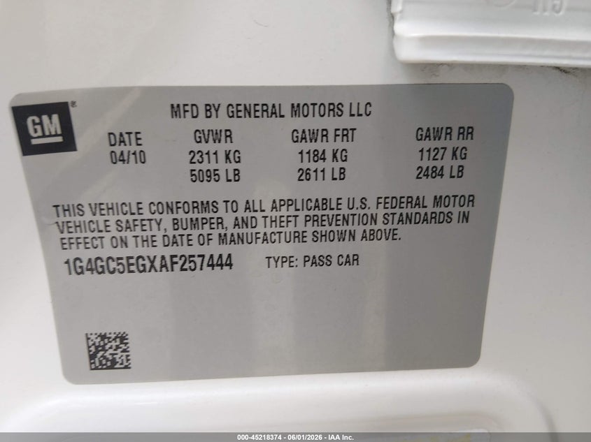 2010 Buick Lacrosse Cxl VIN: 1G4GC5EGXAF257444 Lot: 45218374