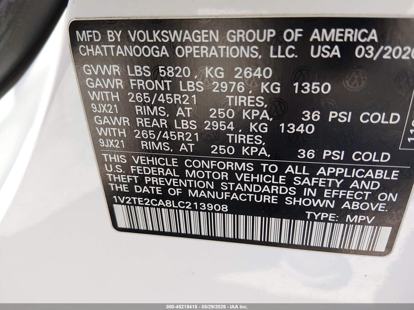 2020 Volkswagen Atlas Cross Sport 3.6L V6 Sel Premium R-Line VIN: 1V2TE2CA8LC213908 Lot: 45218418