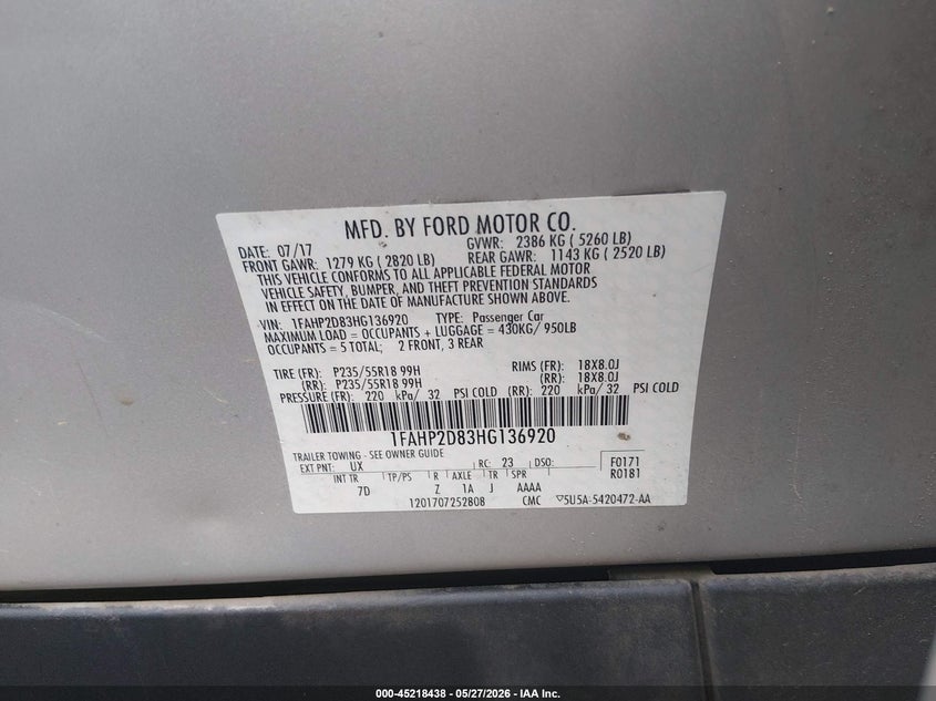 2017 Ford Taurus Se VIN: 1FAHP2D83HG136920 Lot: 45218438
