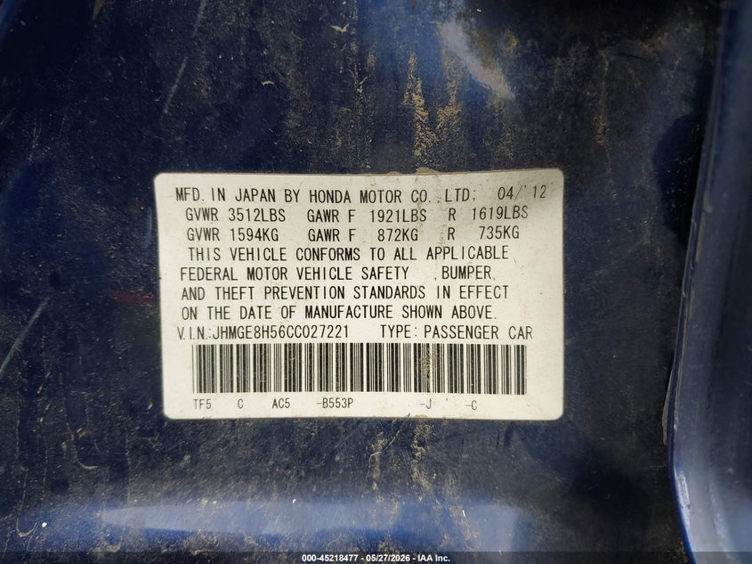 2012 Honda Fit 1.5 Sport blue Lot 111045218477 Vin JHMGE8H56CC027221