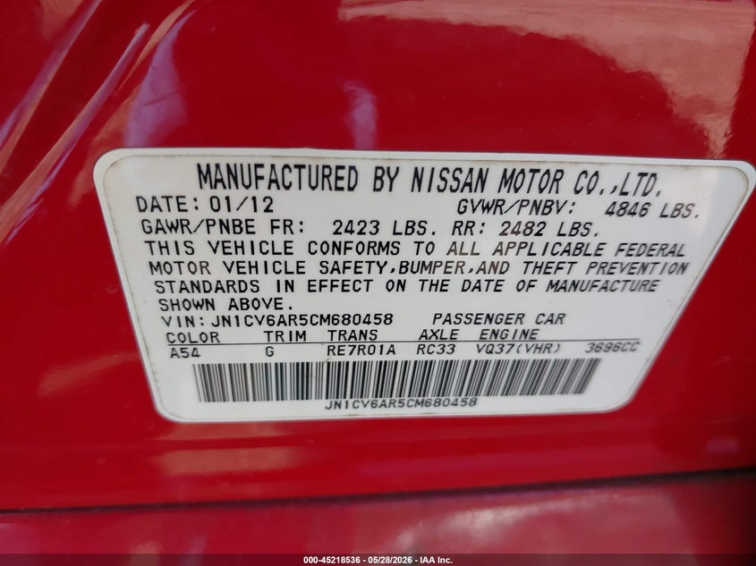 2012 Infiniti G37X VIN: JN1CV6AR5CM680458 Lot: 45218536