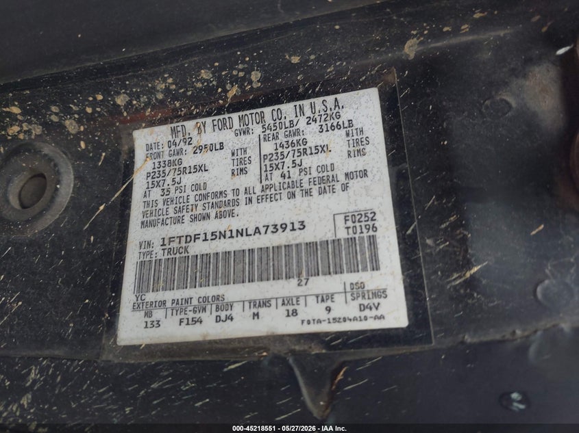 1992 Ford F150 VIN: 1FTDF15N1NLA73913 Lot: 45218551