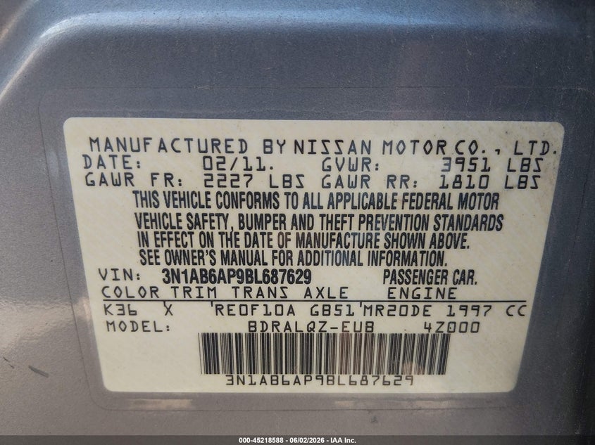 2011 Nissan Sentra 2.0 VIN: 3N1AB6AP9BL687629 Lot: 45218588
