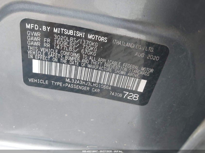 2020 Mitsubishi Mirage Es/Se VIN: ML32A3HJ3LH010664 Lot: 45218607