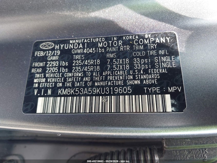 2019 Hyundai Kona Iron Man VIN: KM8K53A59KU319605 Lot: 45218663